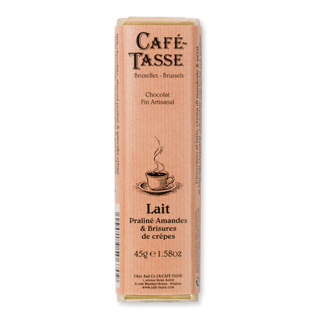 Barre de chocolat au Lait Praliné Amandes et Brisures de crêpes, Café Tasse